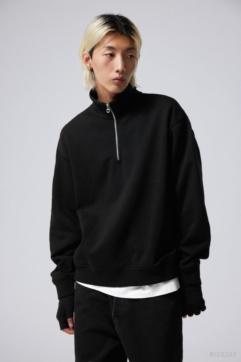 Weekday Relaxed Heavy Half Zip Sweater スウェットシャツ メンズ 黒 Japan | A1K-7234