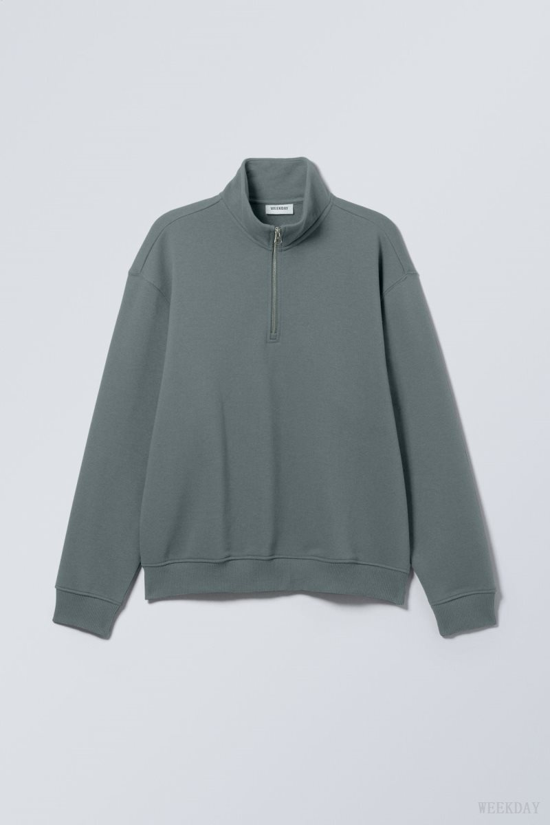 Weekday Relaxed Heavy Half Zip Sweater スウェットシャツ メンズ 暗ターコイズ Japan | F9A-6776